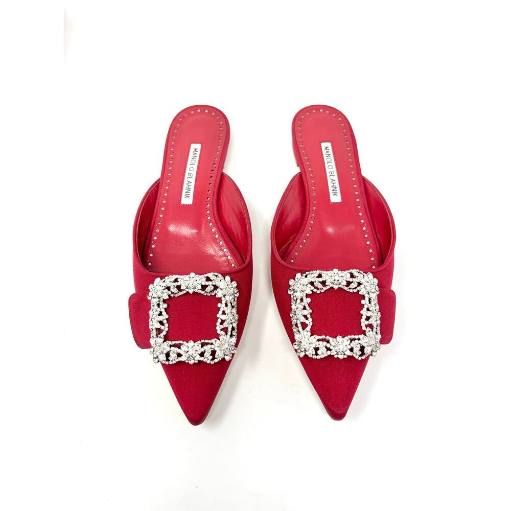 Manolo Blahnik Maysale Jewel Crystal Buckle Satin Mules Flats EU 37